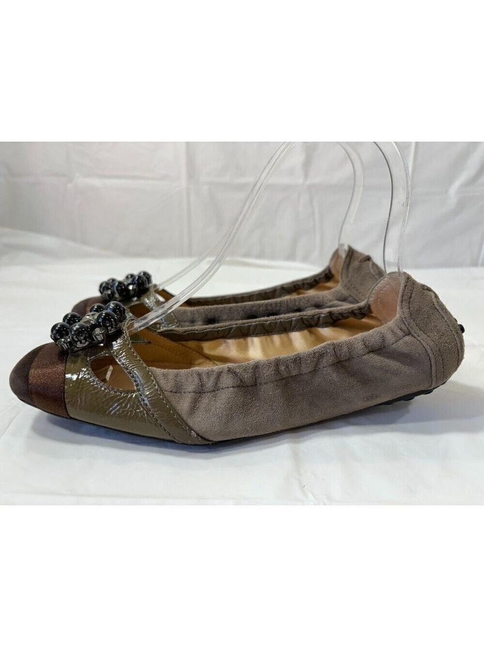 Tod’s Taupe Suede Rhinestone Front Ballet Flats Shoes Size 36 EU 6 US - Picture 4 of 12